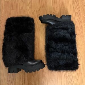 Black Faux Fur Knee-High Boots